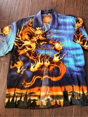 Men's Orange Dragon Print Short Sleeve Button-Down Shirt